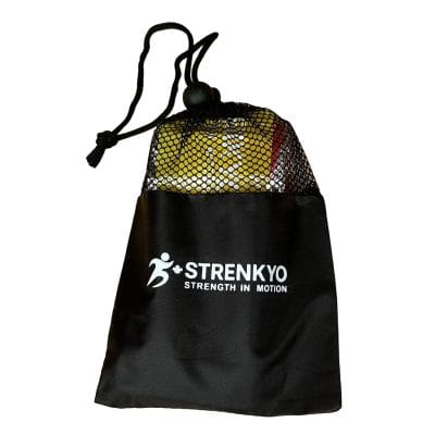 Strenkyo 12-inch loop band assorted set with Strenkyo branded carry bag, includes 5 latex-free resistance levels.