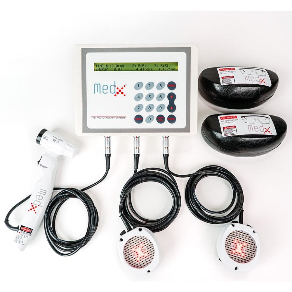MedX Rehab Console System includes: MedX Laser Console (MBM1100N), Rehab Tethered Laser (450 mW LCT450) and two 1000 SLD Clusters (MCT1001) 3118