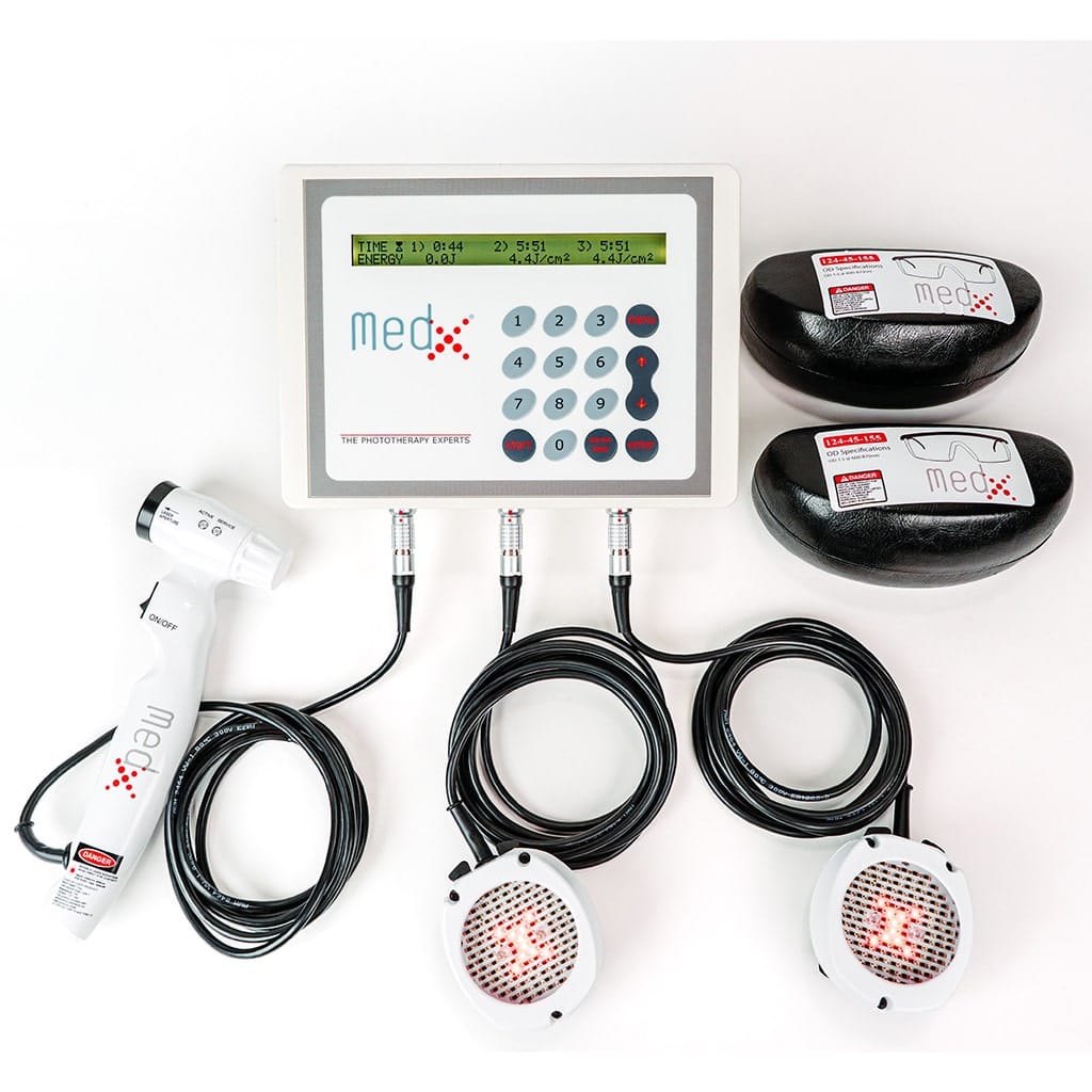 MedX-3118 MedX Rehab Console System includes: MedX Laser Console (MBM1100N), Rehab Tethered Laser (450 mW LCT450) and two 1000 SLD Clusters (MCT1001) 3118