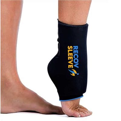 Recov Sleeve 360° sleeve worn on ankle joint, giving targeted relief for sprains, soreness, and post-activity recovery with gel compression.