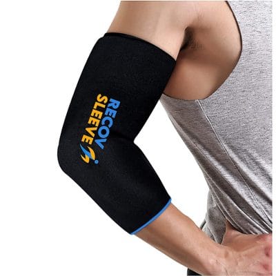 Recov Sleeve 360° cold and hot gel compression sleeve applied to elbow, reducing inflammation and supporting faster recovery from strain.