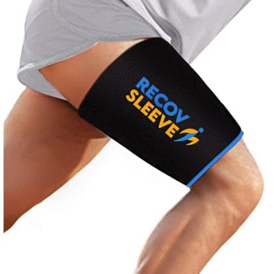 Recov Sleeve 360° compression sleeve applied to hamstring, delivering cold or hot gel therapy to reduce muscle strain and speed recovery.