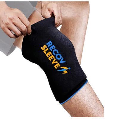 Recov Sleeve 360° compression sleeve worn on knee, providing full coverage cold or hot therapy for swelling, soreness, and joint recovery.
