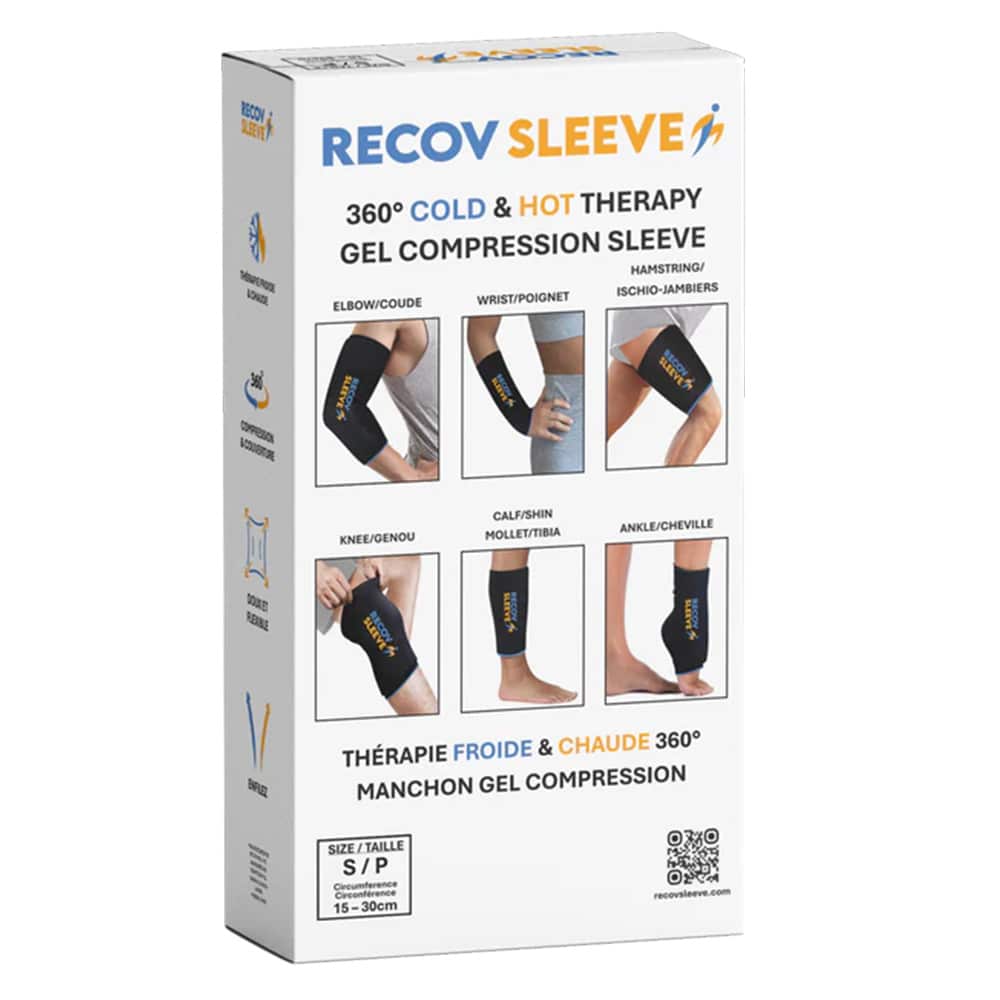 Recov Sleeve 360° Cold & Hot Gel Compression Sleeve laid flat, showing flexible spandex fabric with integrated gel for reusable therapy.