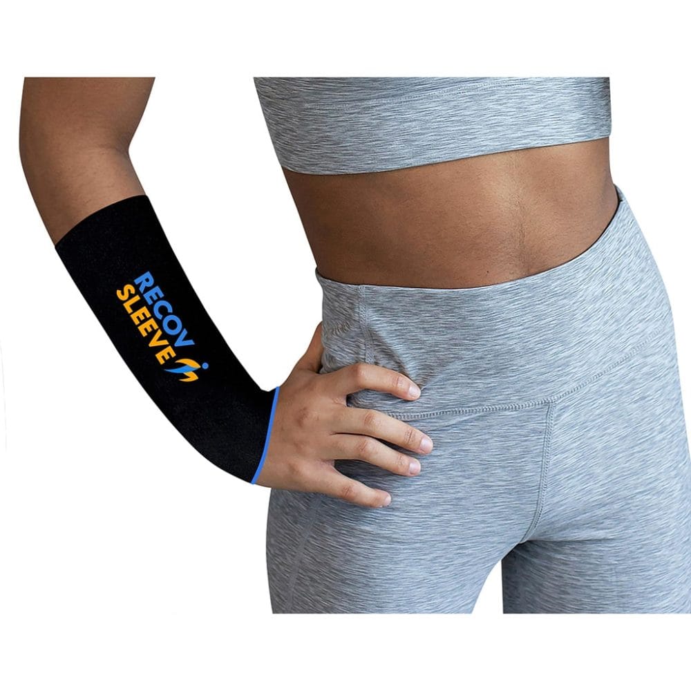 Recov Sleeve 360° gel compression sleeve on wrist, providing soothing hot or cold therapy for sprains, tendonitis, and post-activity relief.