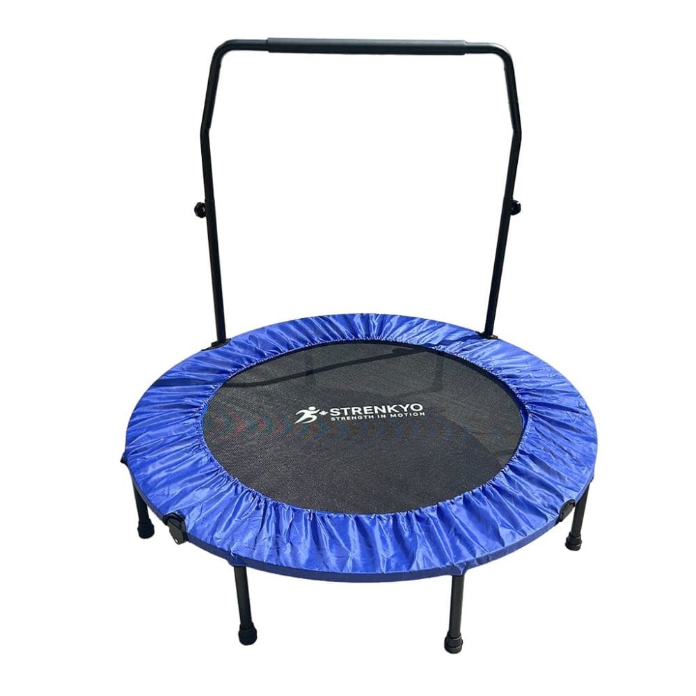 Top-down of Strenkyo 48" blue mini-trampoline — spacious jumping surface, reinforced edging, stable legs for low-impact exercise