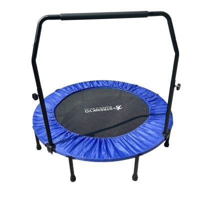 Strenkyo 48" trampoline in blue — close-up of 36 metal springs and stitched mat with non-slip feet and sturdy frame
