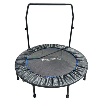 EStrenkyo 48" trampoline in black with U-shaped handlebar — 36 steel springs, clinic-grade rebounder for home fitness and rehab