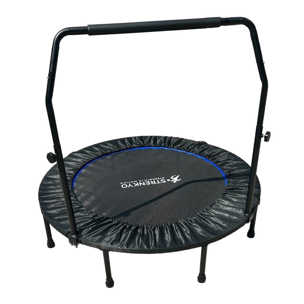 Side view of Strenkyo 48" black rebounder showing adjustable U-bar, durable frame, and easy-fold design for storage
