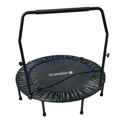 Side view of Strenkyo 48" black rebounder showing adjustable U-bar, durable frame, and easy-fold design for storage