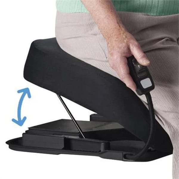 User seated on Carex Uplift Premium Power Seat demonstrating full powered lift assistance