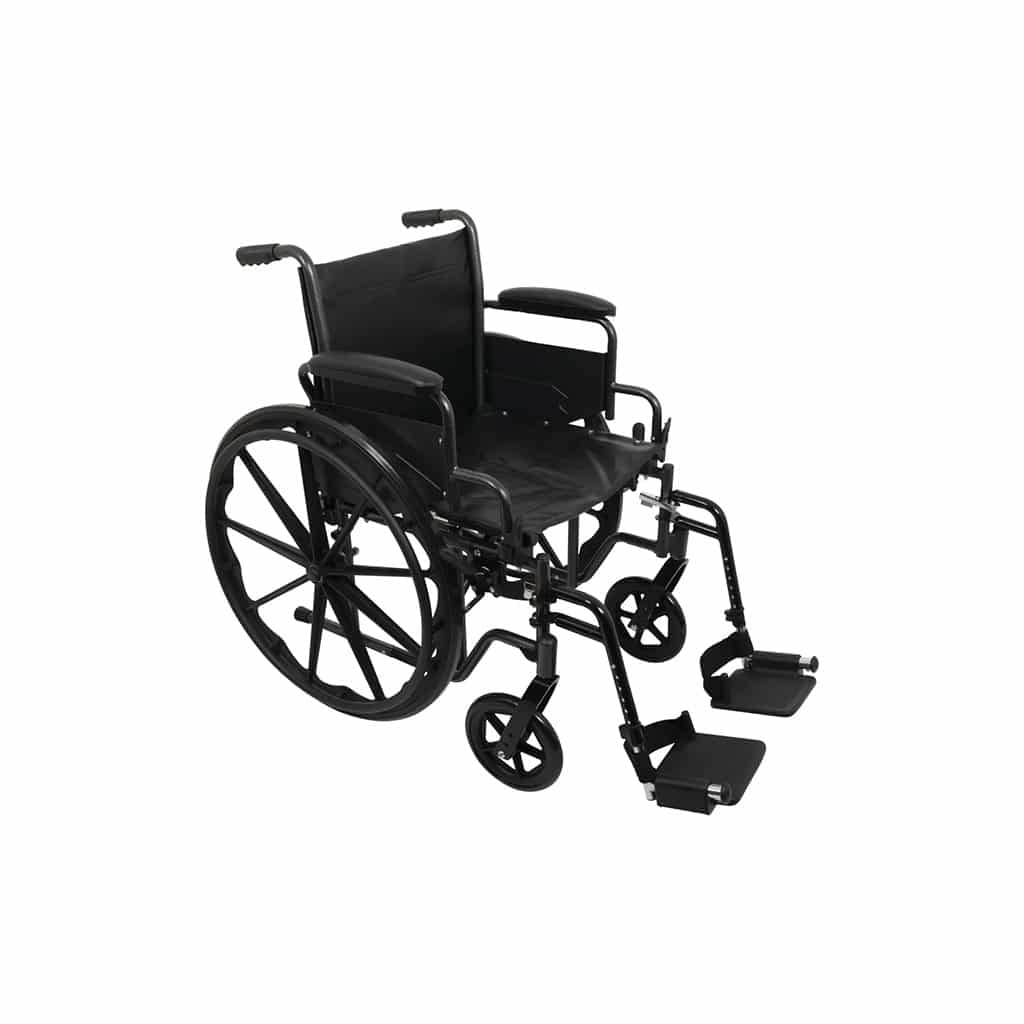 probasics_k2_standard_hemi_wheelchair ProBasics K2 Standard Hemi Wheelchair with flip-back desk arms and swing-away footrests, 18×16 seat