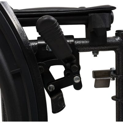 Close-up of push-to-lock wheel lock and composite handrim on K2 wheelchair