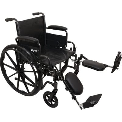 ProBasics K2 Standard Hemi Wheelchair with elevating legrests, padded calf supports and composite footplates shown raised for leg elevation and post-op comfort.