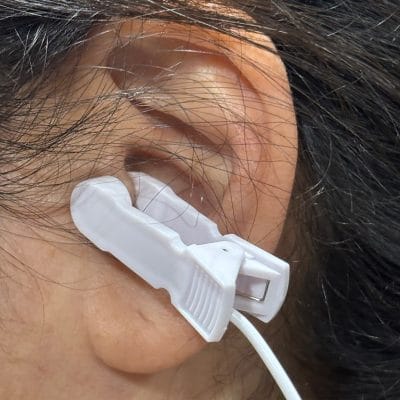 Ear-clip positioned on tragus for auricular vagus nerve therapy demonstration