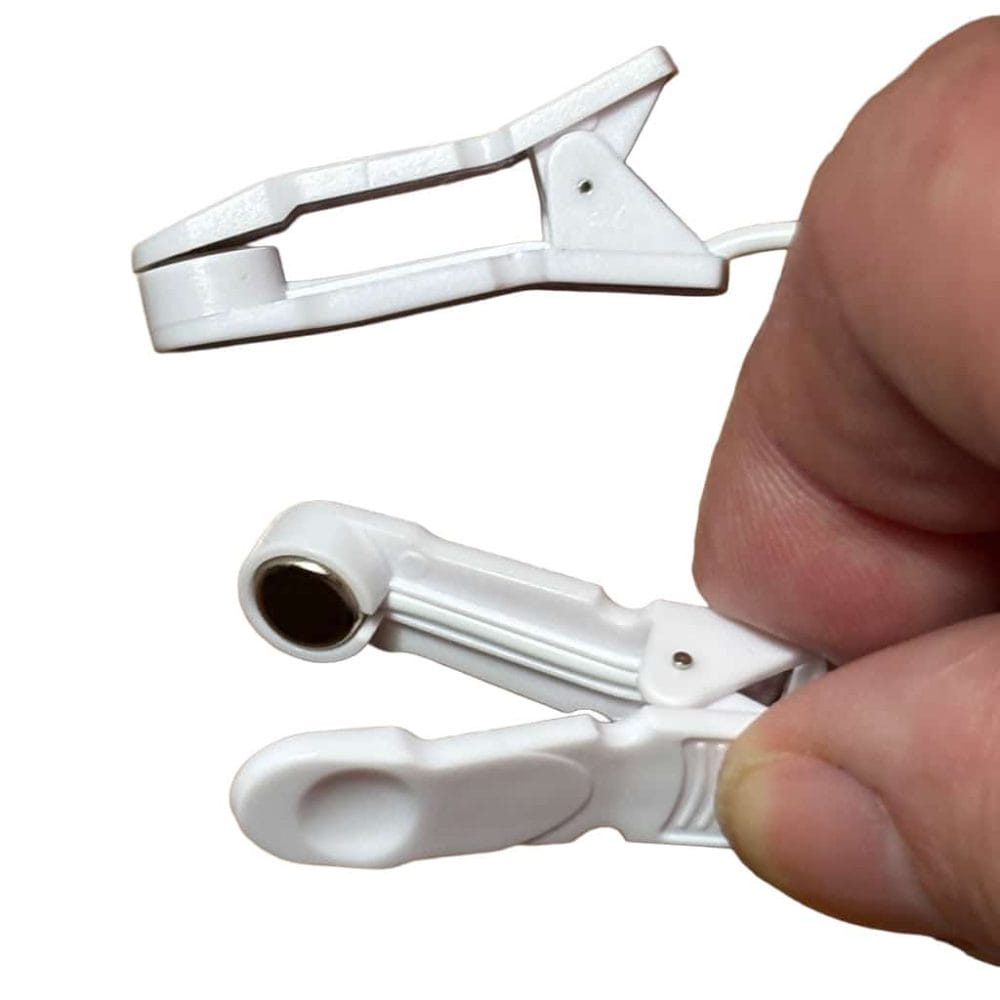 Close-up of pigtail lead and 2 mm TENS connector on Physio-Stim ear-clip electrode