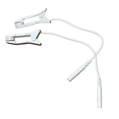 Physio-Stim Ear-Clip Electrodes with pigtail leads shown connected to a portable TENS unit for auricular vagus nerve stimulation therapy.