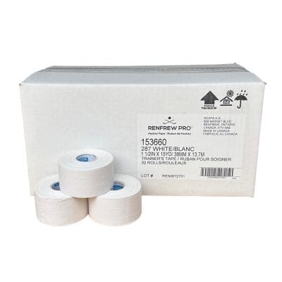 Multiple Renfrew 287 athletic tape rolls displayed outside the case for bulk purchase option.