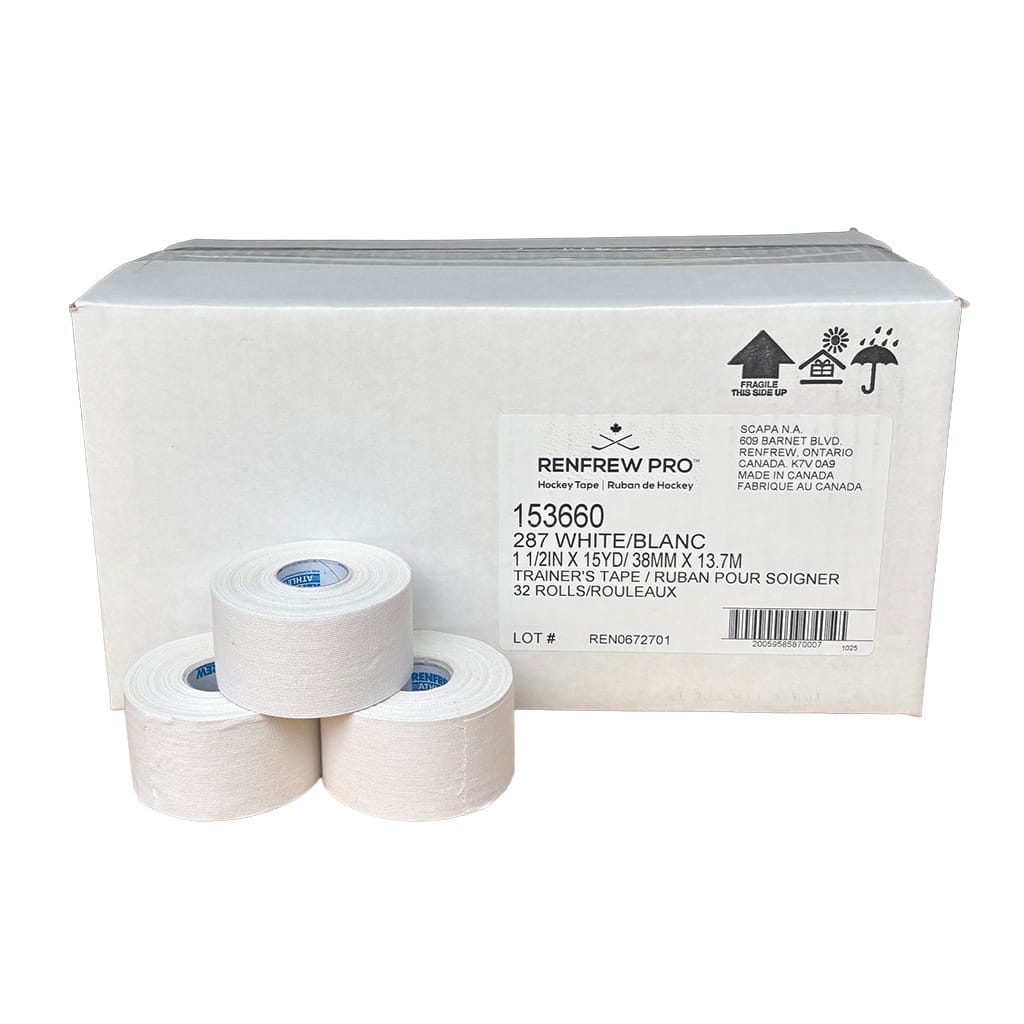 Renfrew-Athletic-Tape-Polyester-Cotton-Blend-287-Case-front-with-tape Multiple Renfrew 287 athletic tape rolls displayed outside the case for bulk purchase option.