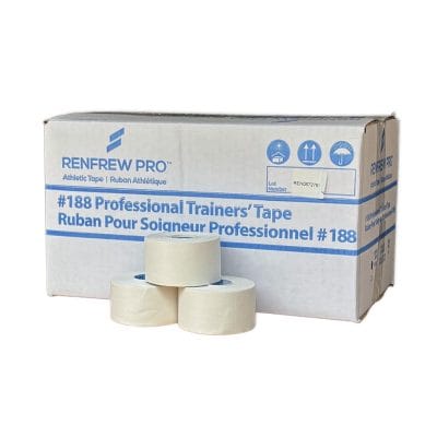 Renfrew Pro 188 white athletic tape unrolled on table – Tearable by hand and easy to apply for compression, bracing, or athletic injury prevention.