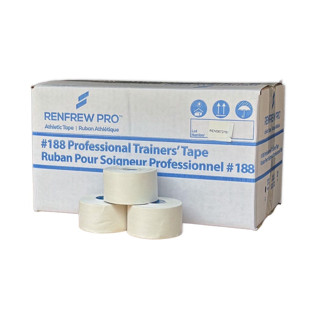 Renfrew_Professional_Trainers_Tape_188_case_with_3_tape Renfrew Pro 188 white athletic tape unrolled on table – Tearable by hand and easy to apply for compression, bracing, or athletic injury prevention.