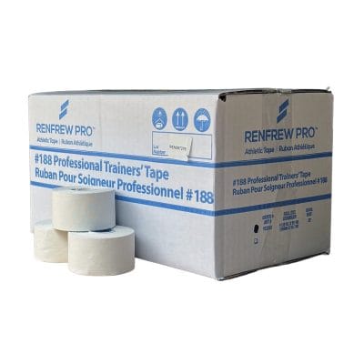 Renfrew Pro 188 Athletic Tape applied to athlete’s ankle – Professional-quality tape used for preventing sprains and supporting recovery during sports activity.