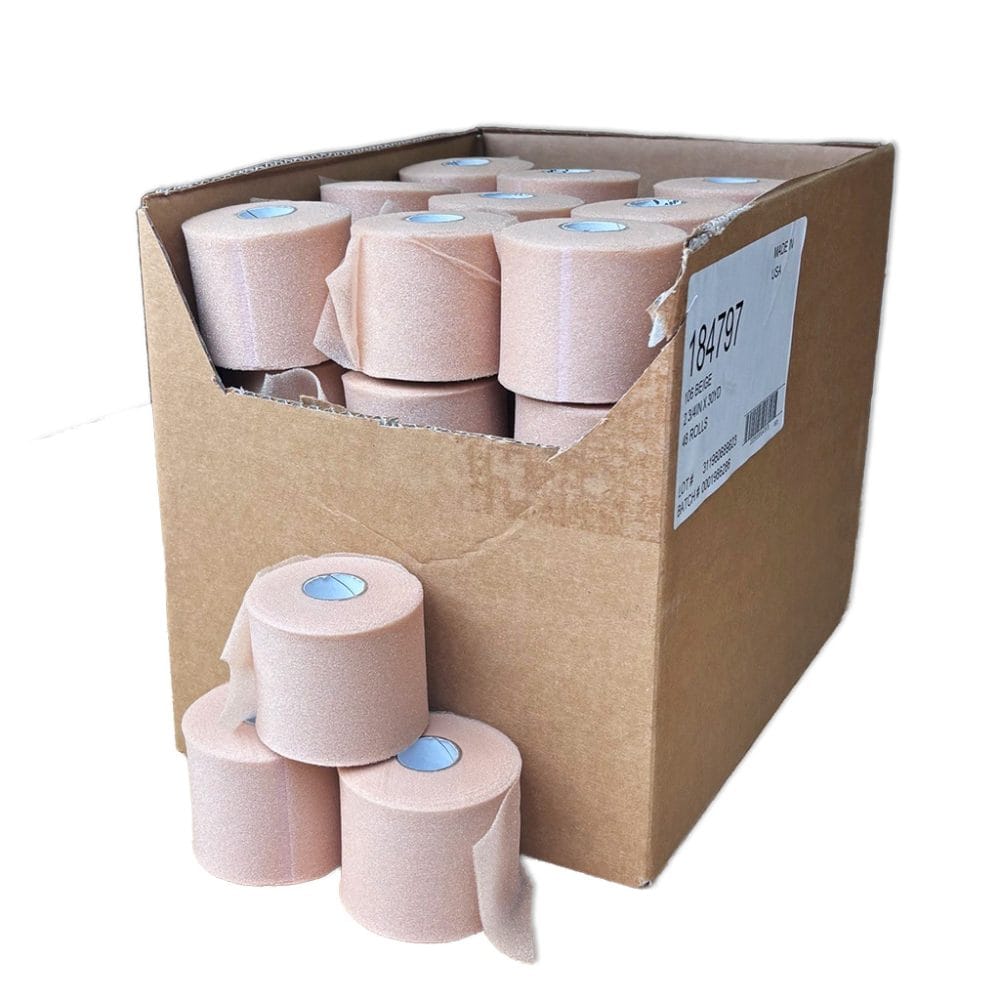 Renfrew Underwrap Beige #106 — bulk case of lightweight foam pre-wrap rolls used for athletic taping and skin protection.