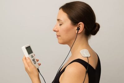 Illustration of vagus nerve stimulation with ear-clip electrodes