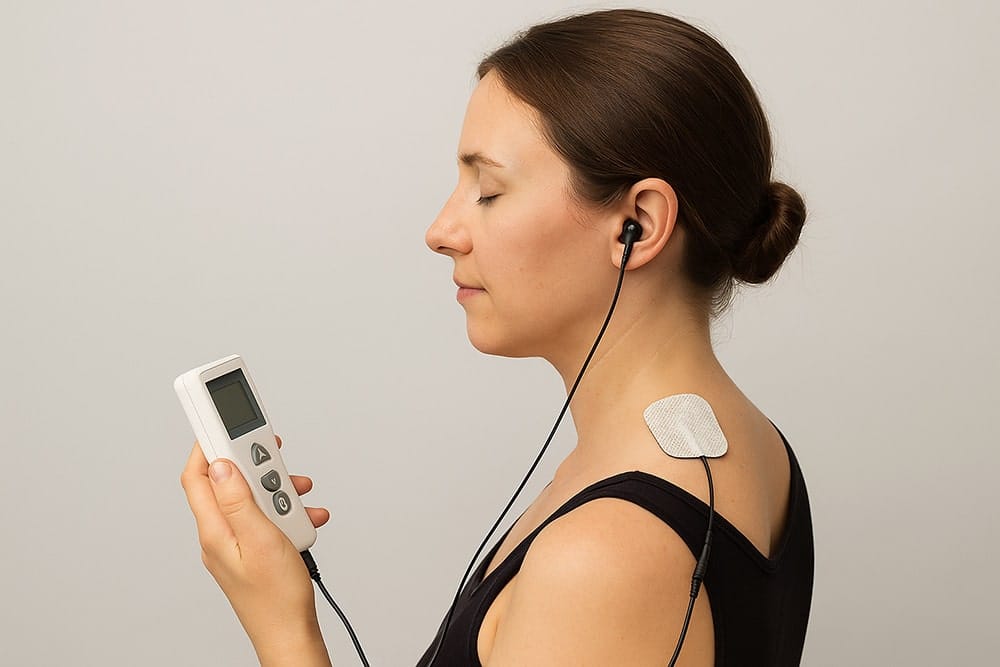 Illustration of vagus nerve stimulation with ear-clip electrodes