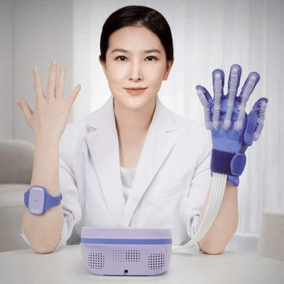 Patient wearing XFT-2005A glove and EMG band performing flexion exercises