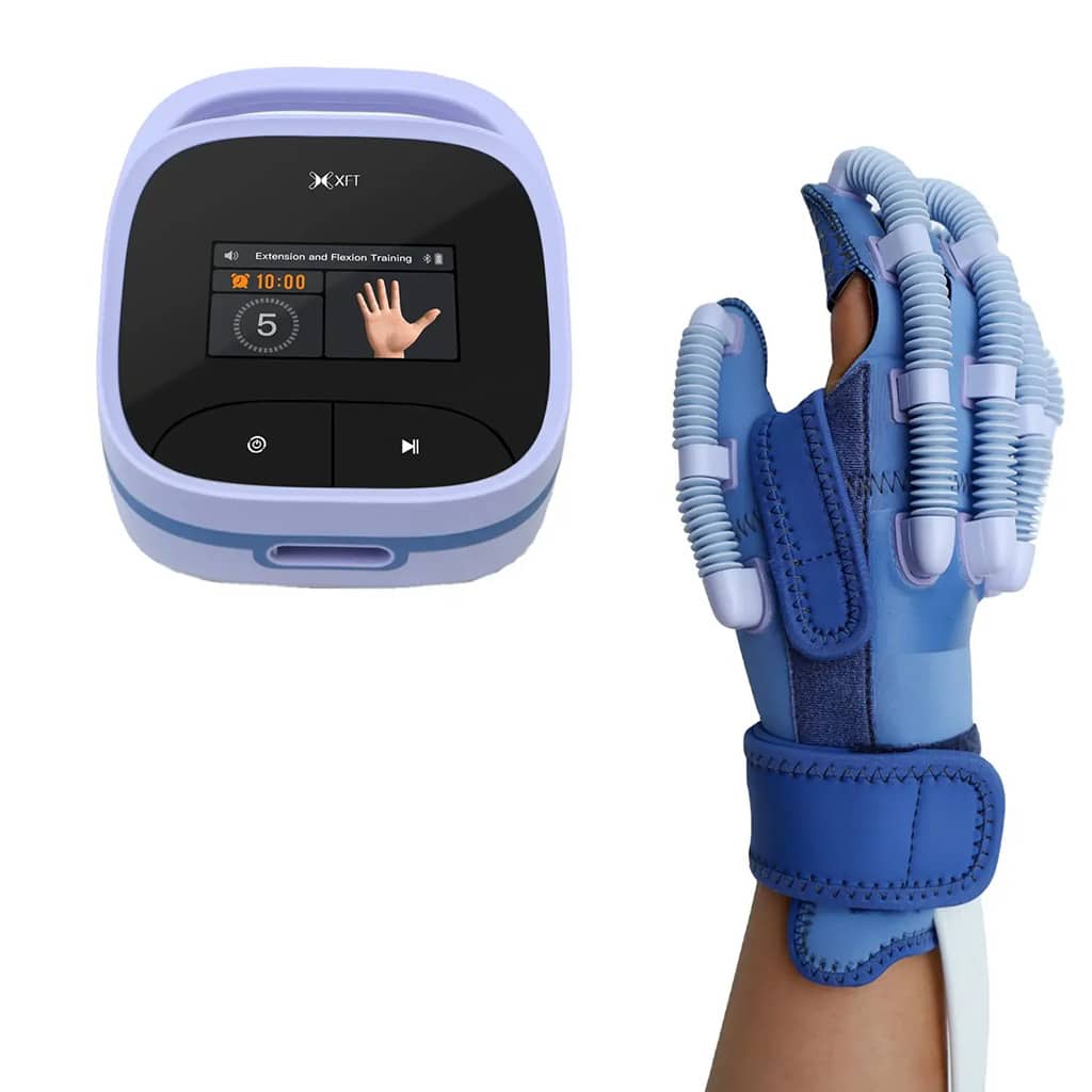 XFT-2005A-Robotic-Hand-Rehab-Glove-with-EMG-Biofeedback-Armband Side view: robotic glove extending and flexing fingers on patient’s hand
