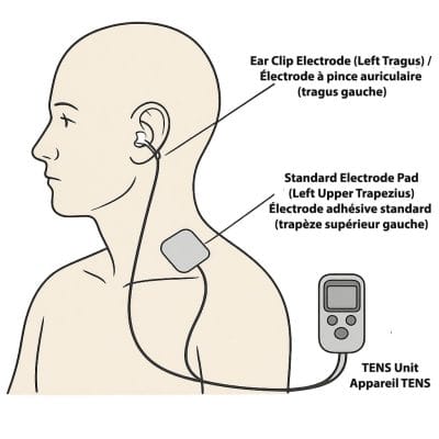 Clinical illustration showing the placement of Physio-Stim Ear-Clip Electrodes for vagus nerve stimulation on the left side of the body. One ear-clip electrode is attached to the left tragus, and one adhesive pad electrode is placed on the left upper trapezius, both connected separately to a TENS unit. Labels appear in English and French identifying each component.