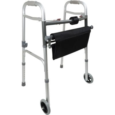 Side view of ProBasics aluminum adult walker showing 5 inch front wheels and lightweight frame