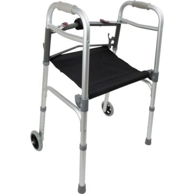 ProBasics aluminum adult walker with roll up nylon seat unrolled and hooked in sitting position