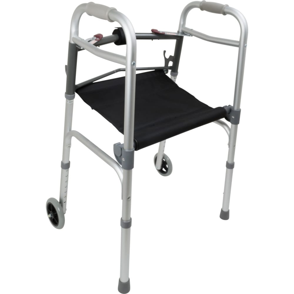 ProBasics aluminum adult walker with roll up nylon seat unrolled and hooked in sitting position