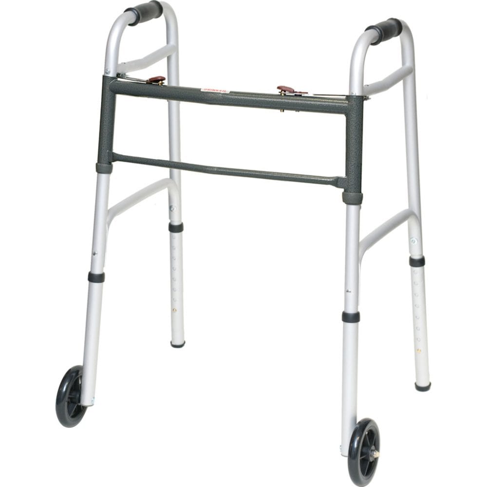 ProBasics WKAAW2B aluminum adult walker with 5-inch wheels fully opened for use