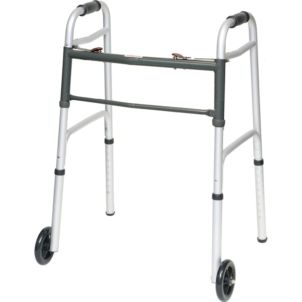 PROBasics_Walker_2_Wheels_WKAAW2B ProBasics WKAAW2B aluminum adult walker with 5-inch wheels fully opened for use