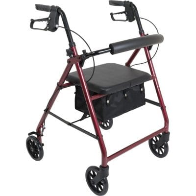 ProBasics Aluminum Rollator with 6 inch wheels in burgundy frame beside padded seat