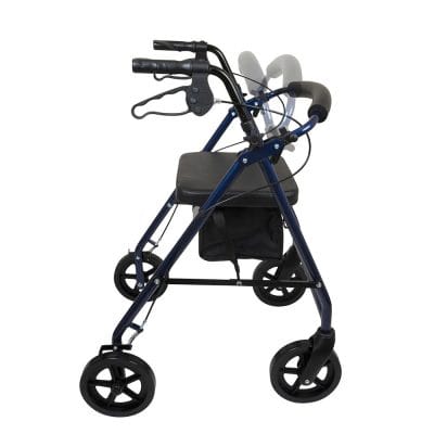 Blue RLA8 rollator showing padded seat and backrest