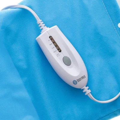 Close-up of BodyMed heating pad controller showing four heat settings.