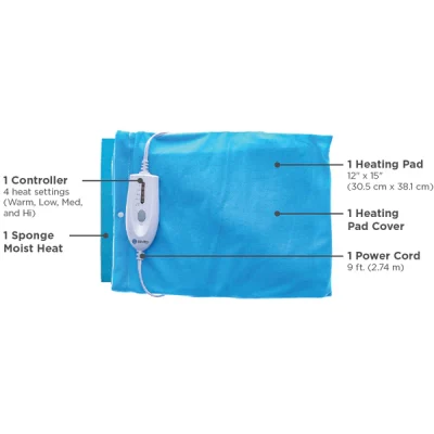 BodyMed Moist/Dry Electric Heating Pad set showing the full kit including the pad, controller, power cord and washable cover.