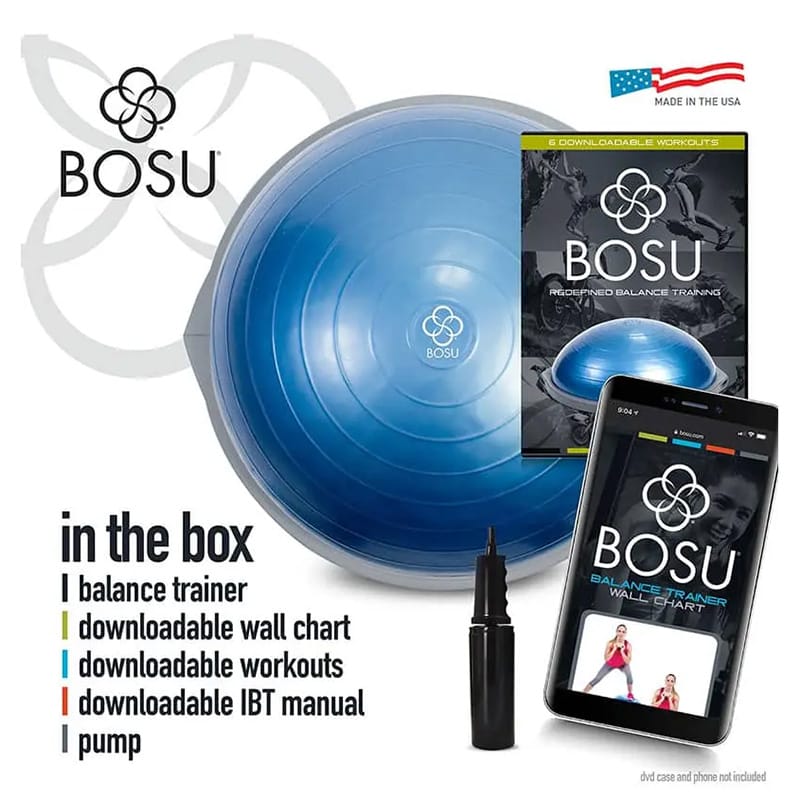 BOSU Balance Trainer Pro shown with pump and included accessories for balance and core training.