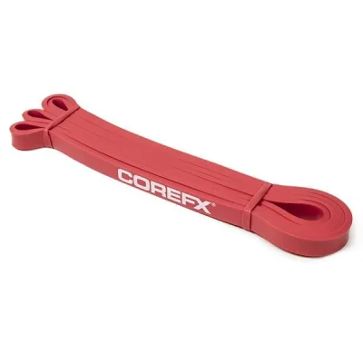 Close-up of CoreFX loop resistance band latex material Red 15–35 lb: Light resistance for mobility, rehab, and assisted movements