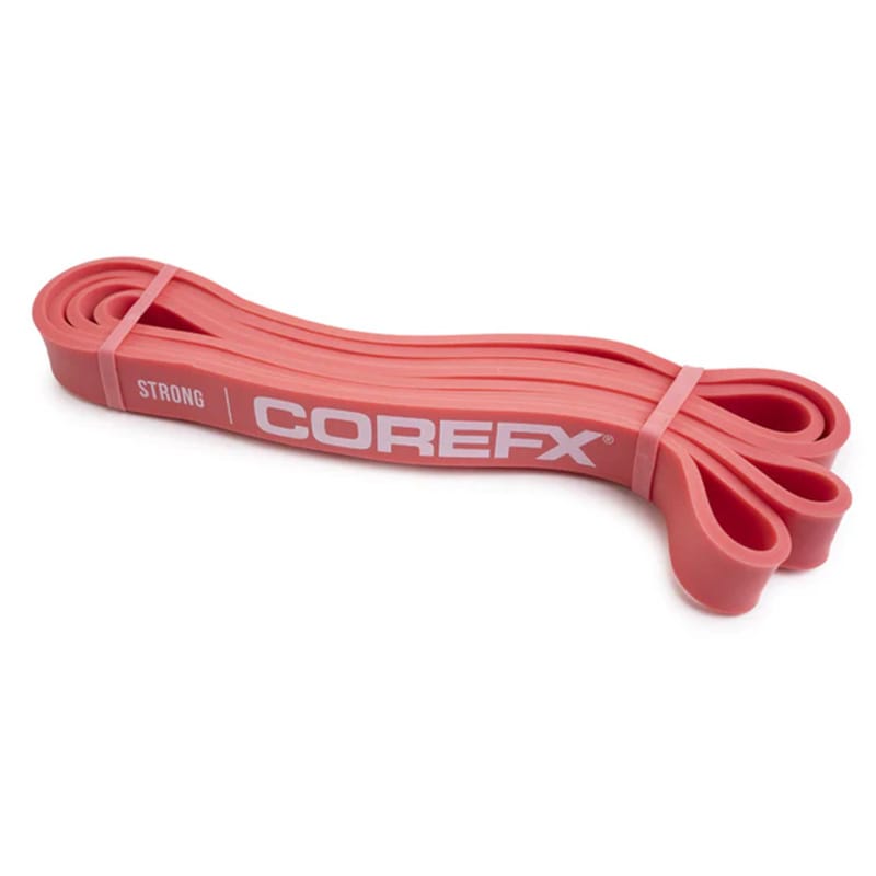 Close-up of CoreFX loop resistance band latex material pink 25–65 lb: Versatile band for general strength training and pull-up assistance