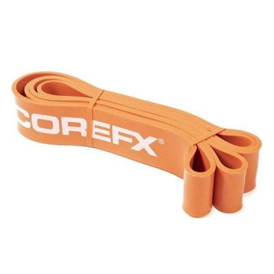 Close-up of CoreFX loop resistance band latex material Orange 50–125 lb: Heavy resistance for advanced training and strong assistance