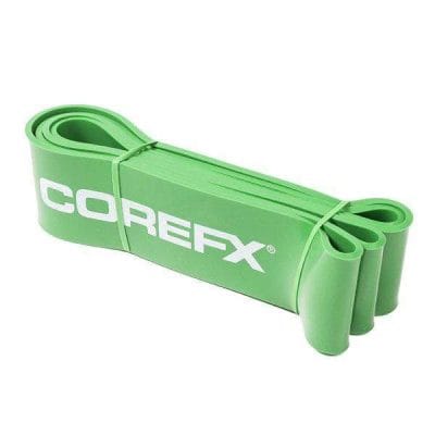 Close-up of CoreFX loop resistance band latex material Green 65–175 lb: High-resistance band for power and heavy lifts