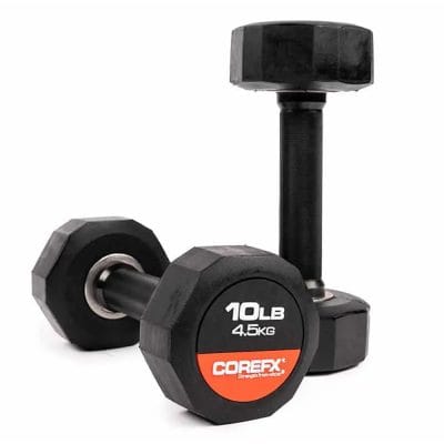Pair of CoreFX 10 lb rubber dumbbells on a white background