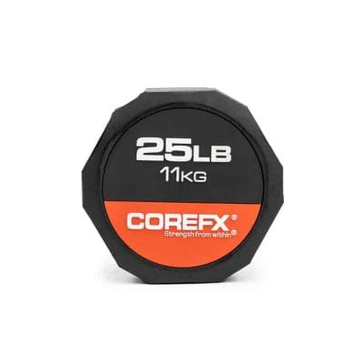 Side view of CoreFX 25 lb rubber dumbbell showing weight in pounds and kilograms