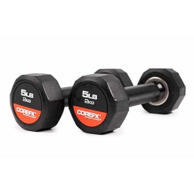 Pair of CoreFX 5 lb rubber dumbbells on a white background