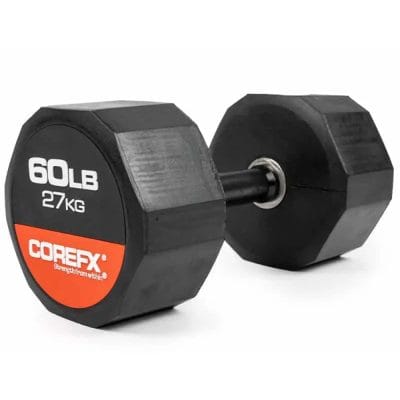 CoreFX 60 lb rubber dumbbell isolated on a white background